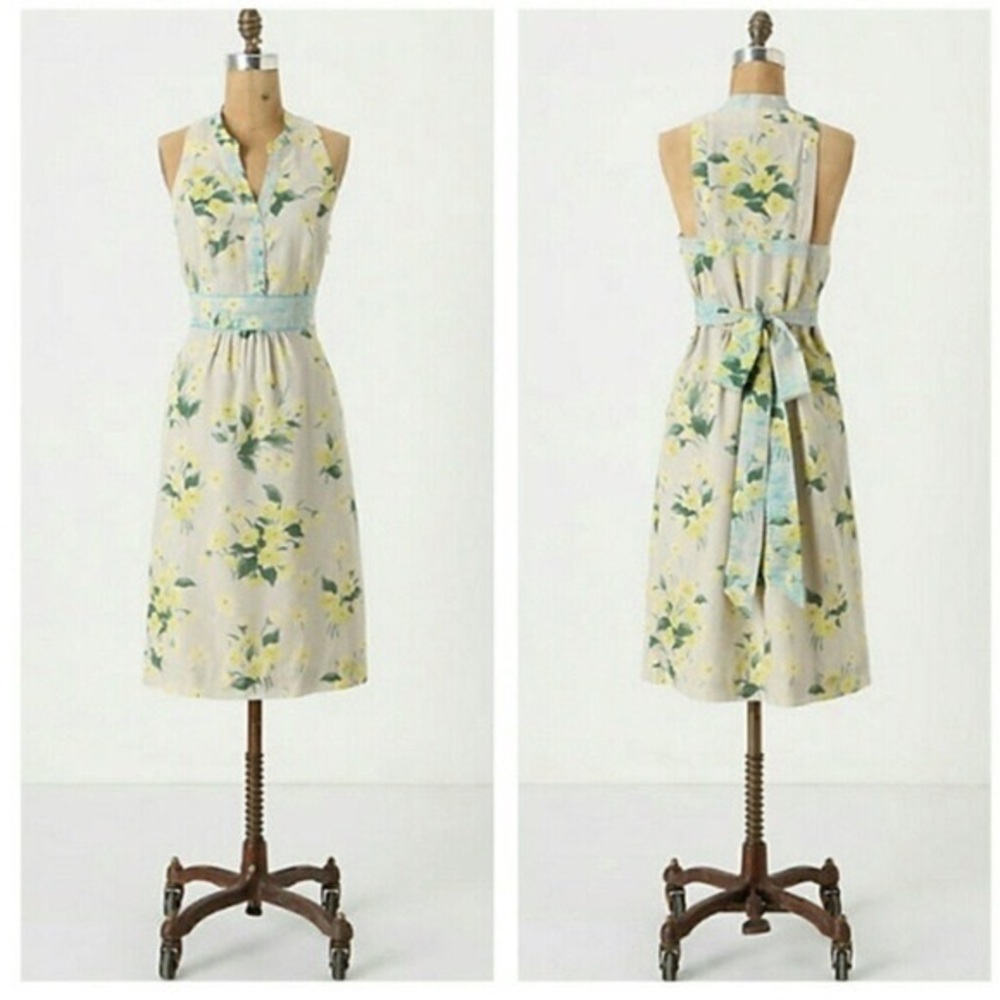 Anthropologie Cream Floral Halter Midi Dress with Yellow and Green Print